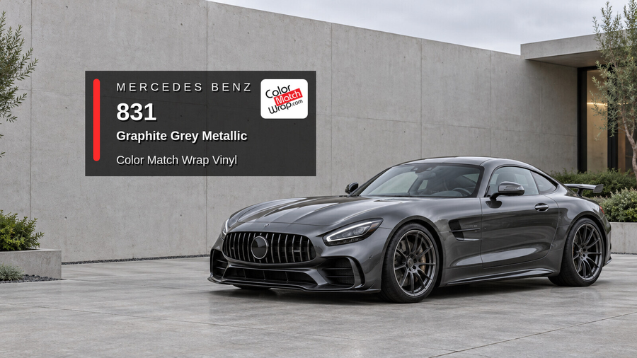 Illustrative AMG GT R-inspired sports coupe in Mercedes Benz / AMG 831 Graphite Grey Metallic with Color Match Wrap branding