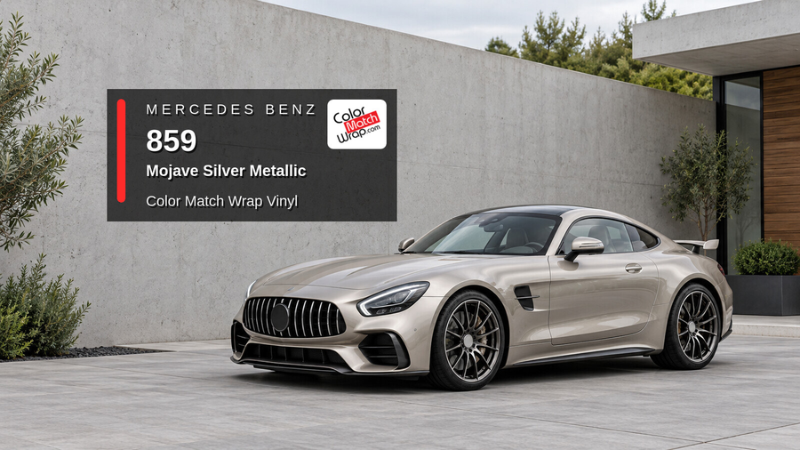 Illustrative AMG GT R-inspired sports coupe in Mercedes Benz / AMG 859 Mojave Silver Metallic with Color Match Wrap branding