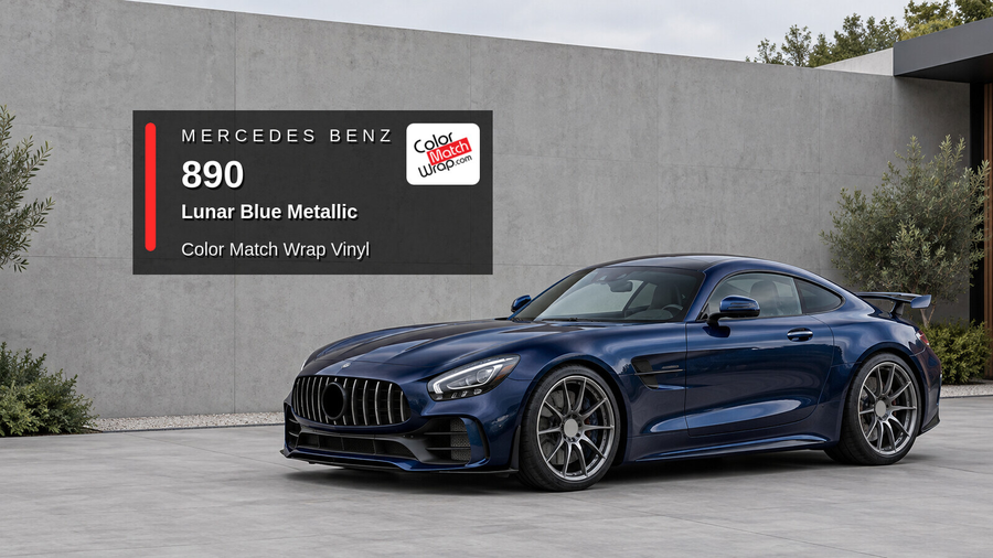Illustrative AMG GT R-inspired sports coupe in Mercedes Benz / AMG 890 Lunar Blue Metallic with Color Match Wrap branding