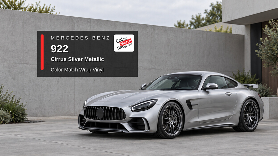 Illustrative AMG GT R-inspired sports coupe in Mercedes Benz / AMG 922 Cirrus Silver Metallic with Color Match Wrap branding