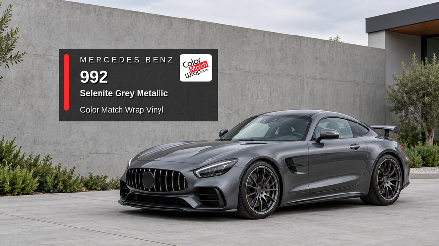 Illustrative AMG GT R-inspired sports coupe in Mercedes Benz / AMG 992 Selenite Grey Metallic with Color Match Wrap branding