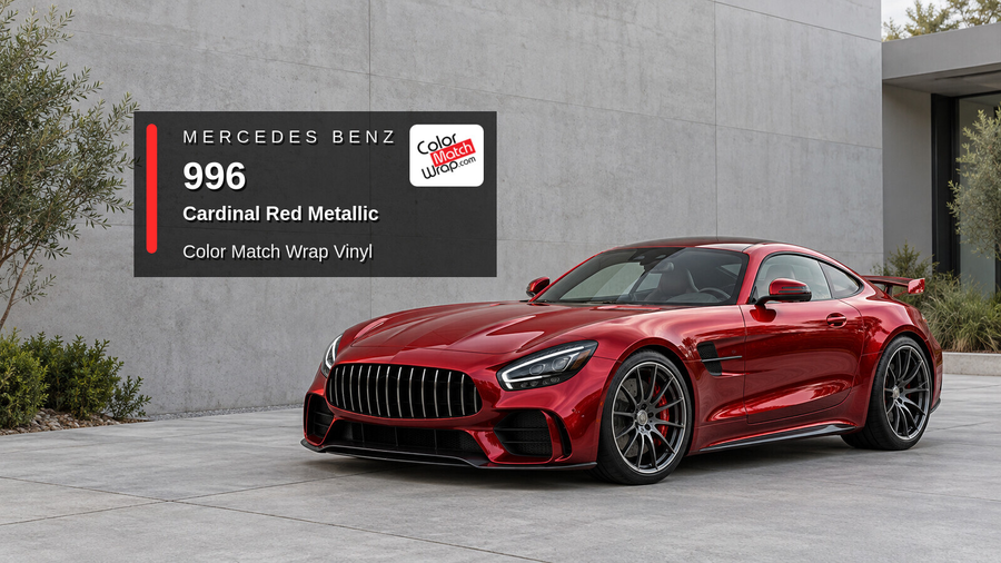 Illustrative AMG GT R-inspired sports coupe in Mercedes Benz / AMG 996 Cardinal Red Metallic with Color Match Wrap branding