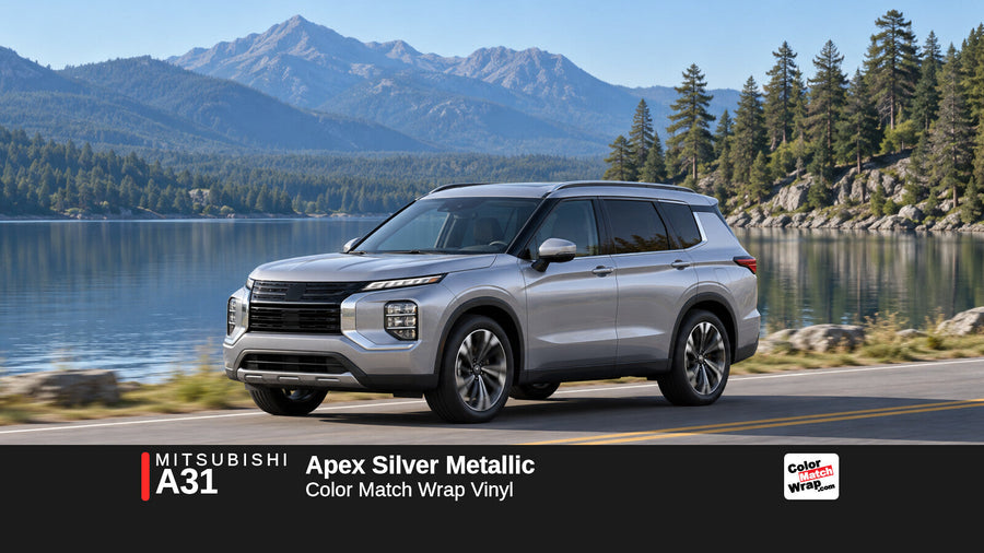 Illustrative Outlander-inspired SUV in Mitsubishi A31 Apex Silver Metallic / Cool Silver with Color Match Wrap branding