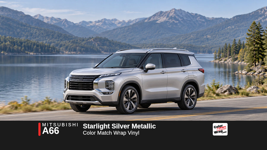 Illustrative Outlander-inspired SUV in Mitsubishi A66 Starlight Silver Metallic with Color Match Wrap branding