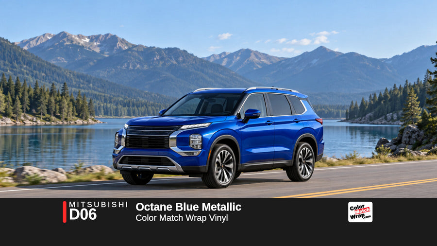 Illustrative Outlander-inspired SUV in Mitsubishi D06 Octane Blue Metallic / Lightning Blue Metallic with Color Match Wrap branding