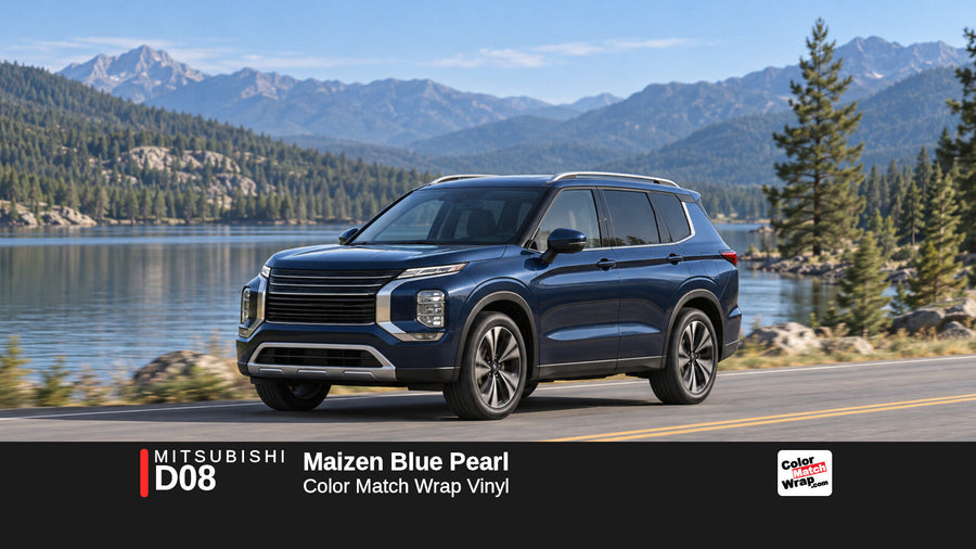 Illustrative Outlander-inspired SUV in Mitsubishi D08 Maizen Blue Pearl with Color Match Wrap branding