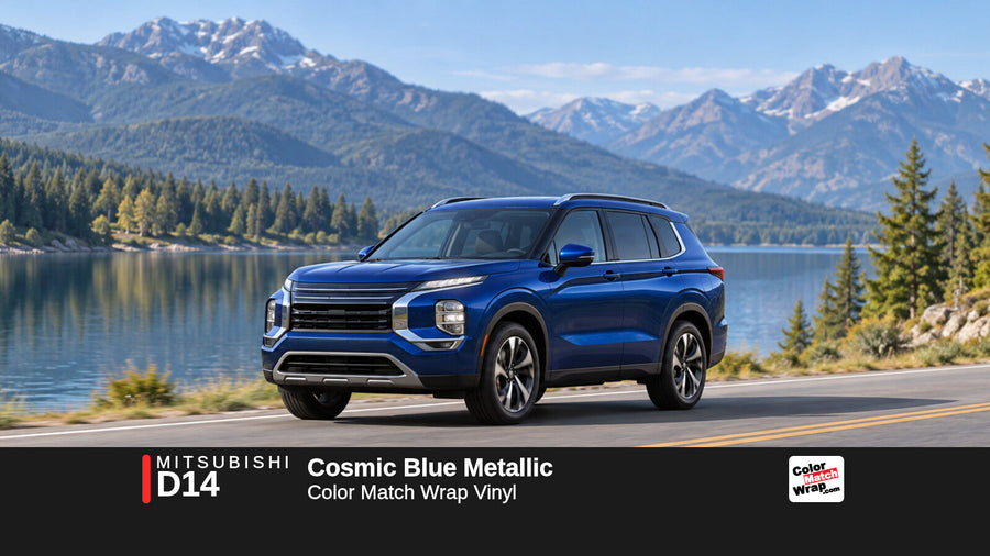 Illustrative Outlander-inspired SUV in Mitsubishi D14 Cosmic Blue Metallic with Color Match Wrap branding