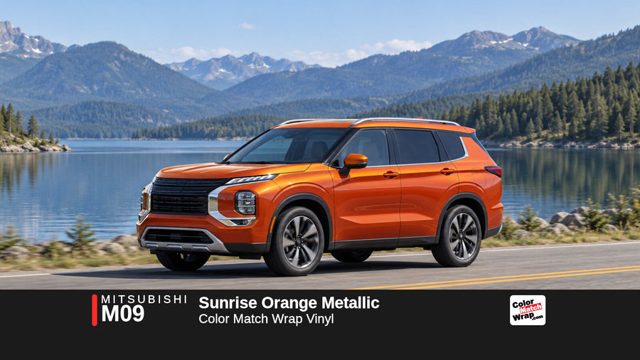 Illustrative Outlander-inspired SUV in Mitsubishi M09 Sunrise Orange Metallic with Color Match Wrap branding