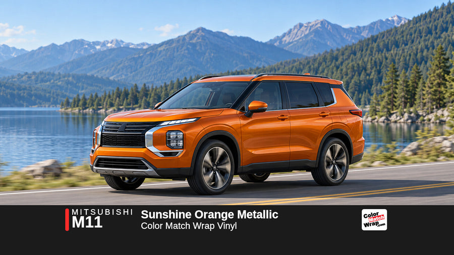 Illustrative Outlander-inspired SUV in Mitsubishi M11 Sunshine Orange Metallic with Color Match Wrap branding