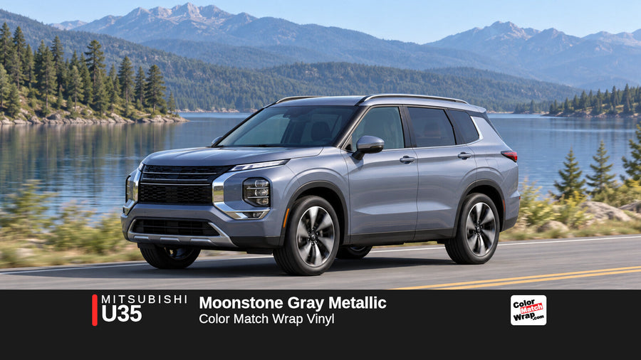 Illustrative Outlander-inspired SUV in Mitsubishi U35 Moonstone Gray Metallic with Color Match Wrap branding