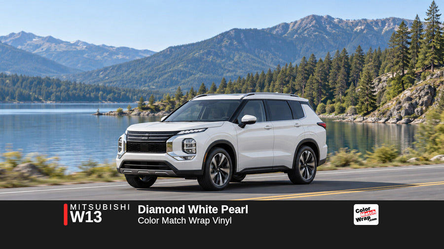 Illustrative Outlander-inspired SUV in Mitsubishi W13 Diamond White Pearl with Color Match Wrap branding