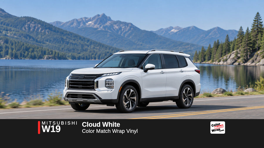 Illustrative Outlander-inspired SUV in Mitsubishi W19 Cloud White with Color Match Wrap branding