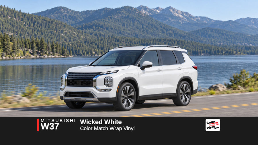 Illustrative Outlander-inspired SUV in Mitsubishi W37 Wicked White with Color Match Wrap branding