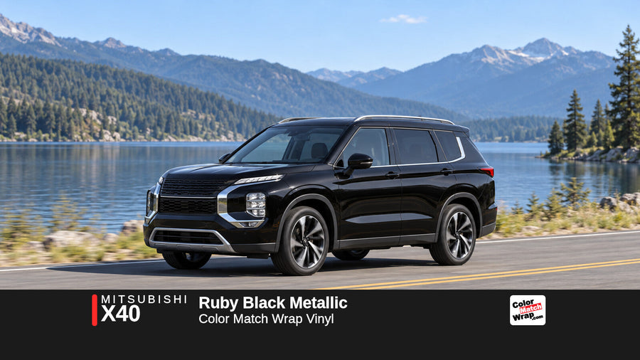 Illustrative Outlander-inspired SUV in Mitsubishi X40 Ruby Black Metallic with Color Match Wrap branding