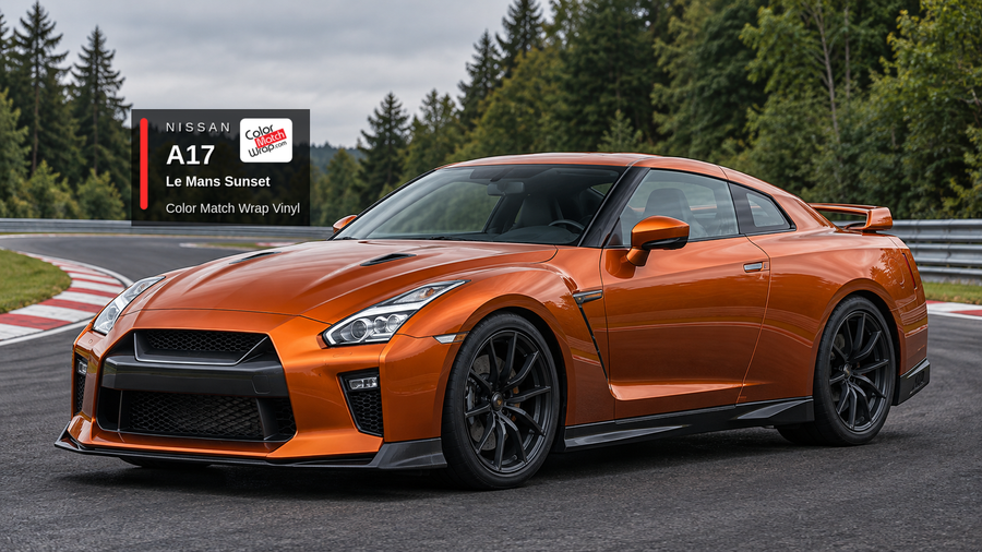 Illustrative unbadged coupe in Nissan A17 Le Mans Sunset with Color Match Wrap branding