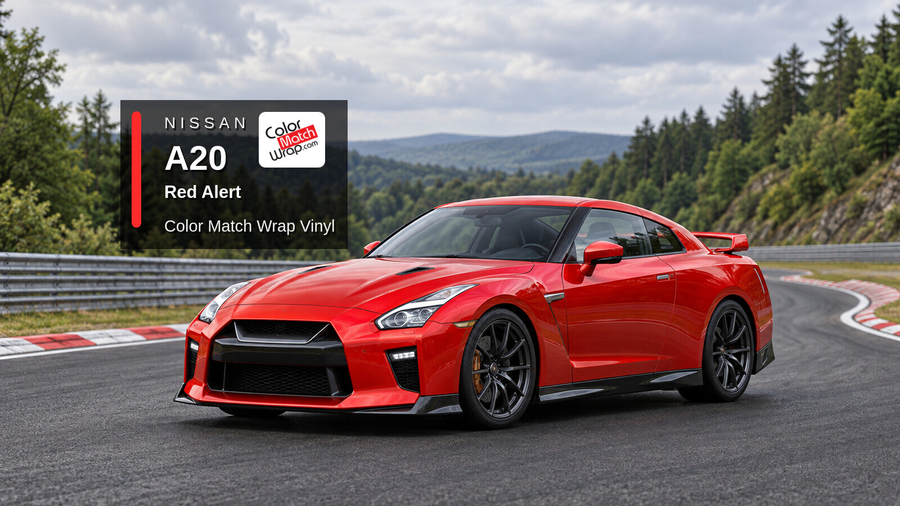 Illustrative GT-R-inspired coupe in Nissan A20 Red Alert with Color Match Wrap branding
