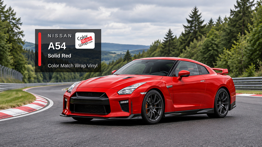 Illustrative GT-R-inspired coupe in Nissan A54 Solid Red with Color Match Wrap branding