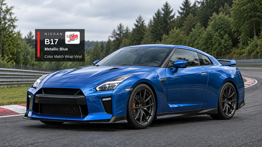 Illustrative GT-R-inspired coupe in Nissan B17 Metallic Blue with Color Match Wrap branding