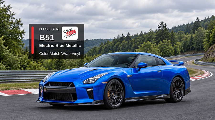Illustrative GT-R-inspired coupe in Nissan B51 Electric Blue Metallic with Color Match Wrap branding
