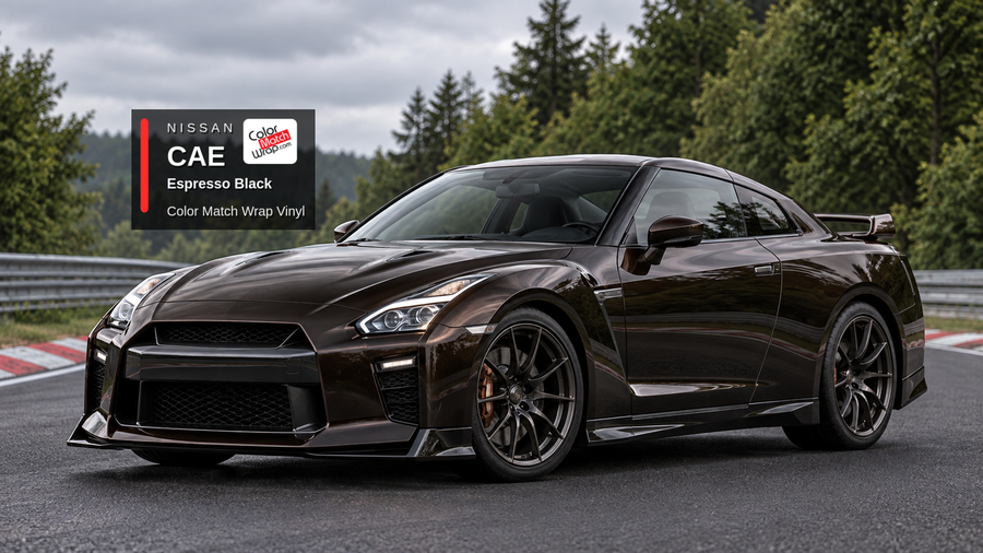 Illustrative GT-R-inspired coupe in Nissan CAE Espresso Black with Color Match Wrap branding