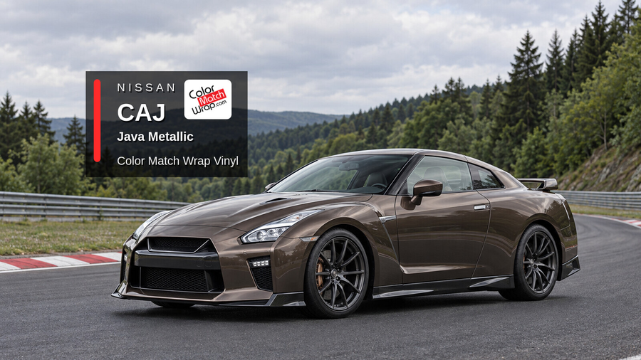 Illustrative GT-R-inspired coupe in Nissan CAJ Java Metallic with Color Match Wrap branding