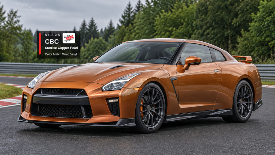 Illustrative GT-R-inspired coupe in Nissan CBC Sunrise Copper Pearl with Color Match Wrap branding