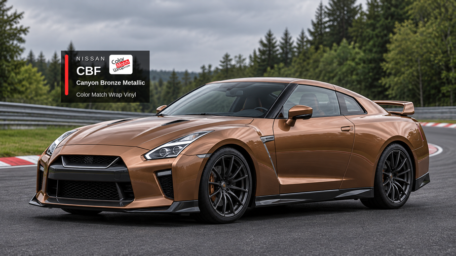 Illustrative GT-R-inspired coupe in Nissan CBF Canyon Bronze Metallic with Color Match Wrap branding