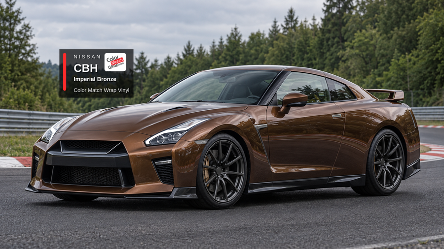 Illustrative GT-R-inspired coupe in Nissan CBH Imperial Bronze with Color Match Wrap branding