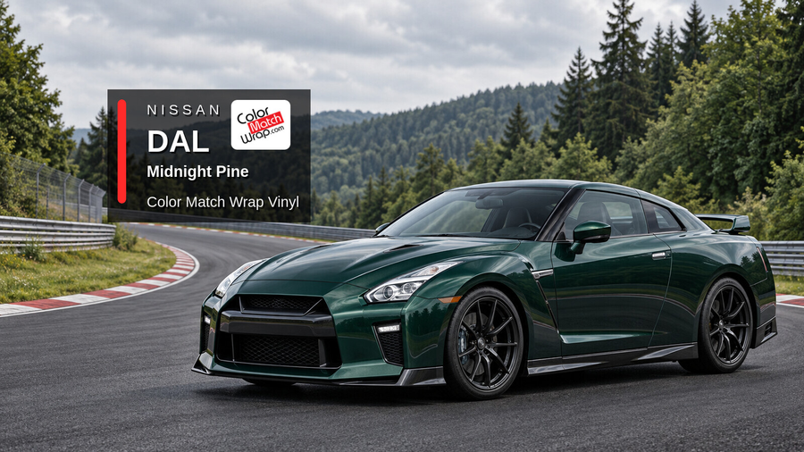 Illustrative GT-R-inspired coupe in Nissan DAL Midnight Pine with Color Match Wrap branding