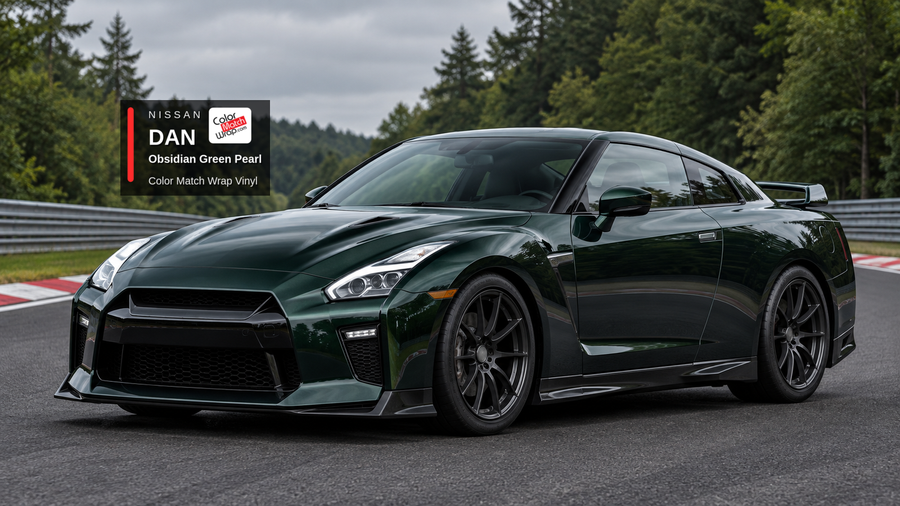 Illustrative GT-R-inspired coupe in Nissan DAN Obsidian Green Pearl with Color Match Wrap branding