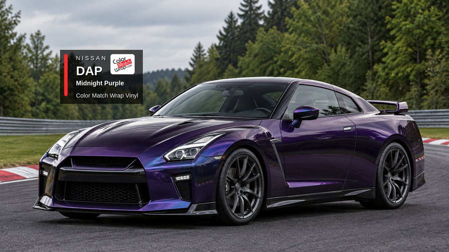 Illustrative GT-R-inspired coupe in Nissan DAP Midnight Purple with Color Match Wrap branding