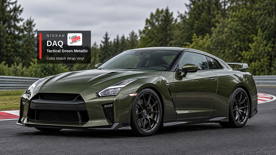 Illustrative GT-R-inspired coupe in Nissan DAQ Tactical Green Metallic with Color Match Wrap branding