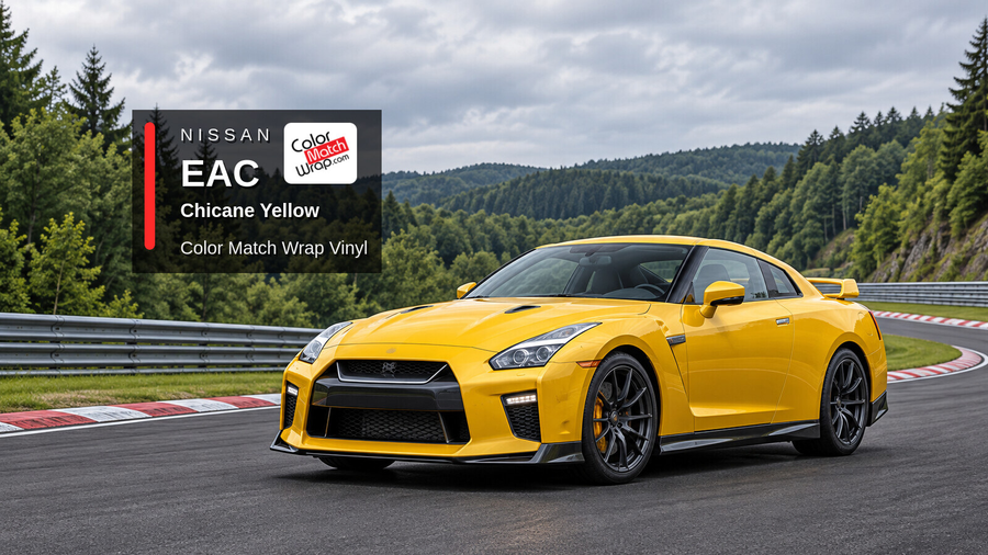 Illustrative GT-R-inspired coupe in Nissan EAC Chicane Yellow with Color Match Wrap branding