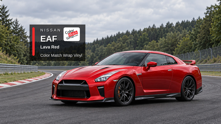 Illustrative GT-R-inspired coupe in Nissan EAF Lava Red with Color Match Wrap branding