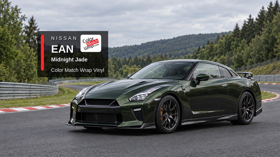Illustrative GT-R-inspired coupe in Nissan EAN Midnight Jade with Color Match Wrap branding