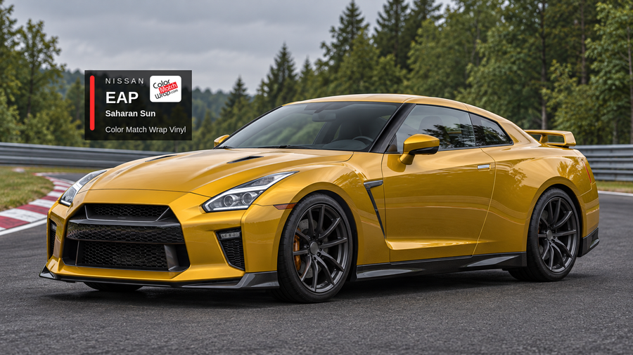 Illustrative GT-R-inspired coupe in Nissan EAP Saharan Sun with Color Match Wrap branding