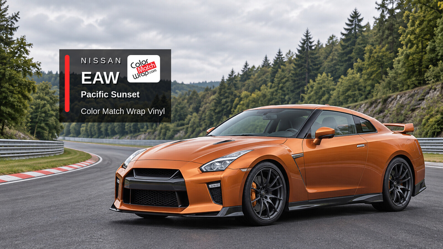 Illustrative GT-R-inspired coupe in Nissan EAW Pacific Sunset with Color Match Wrap branding
