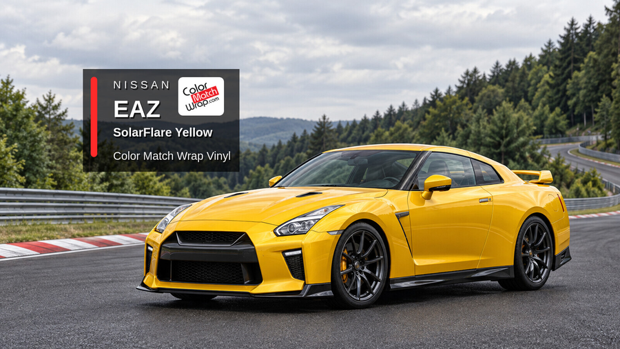 Illustrative GT-R-inspired coupe in Nissan EAZ SolarFlare Yellow with Color Match Wrap branding