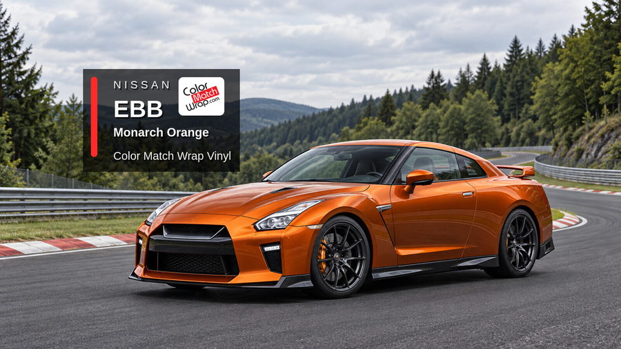 Illustrative GT-R-inspired coupe in Nissan EBB Monarch Orange with Color Match Wrap branding