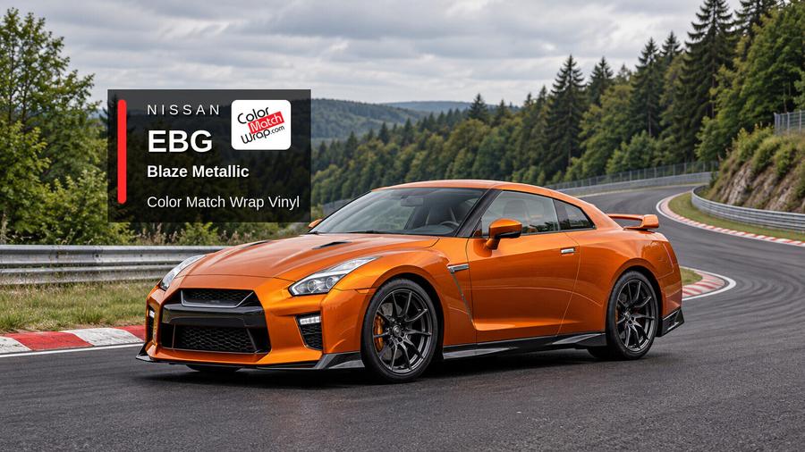 Illustrative GT-R-inspired coupe in Nissan EBG Blaze Metallic with Color Match Wrap branding