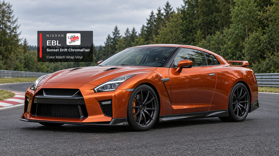 Illustrative GT-R-inspired coupe in Nissan EBL Sunset Drift ChromaFlair with Color Match Wrap branding