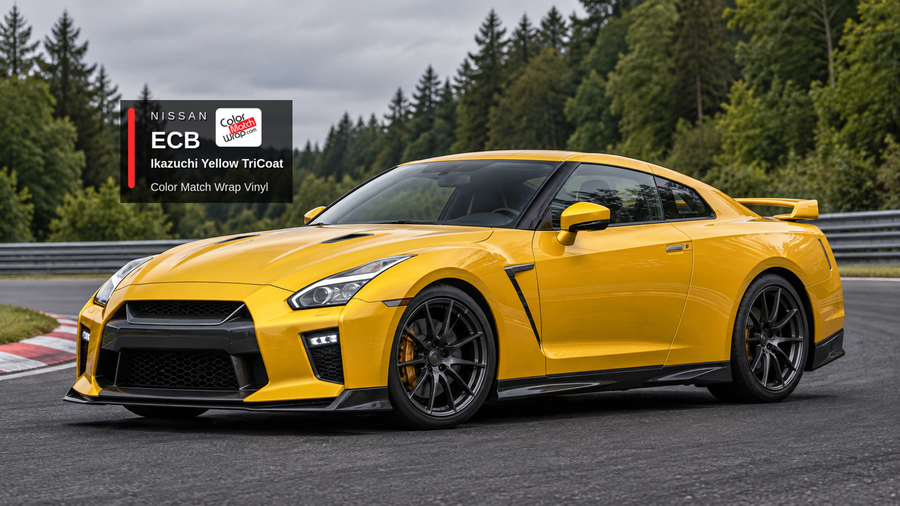 Illustrative GT-R-inspired coupe in Nissan ECB Ikazuchi Yellow TriCoat with Color Match Wrap branding