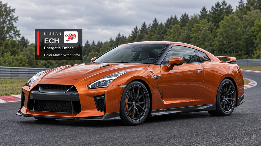Illustrative GT-R-inspired coupe in Nissan ECH Energetic Ember with Color Match Wrap branding