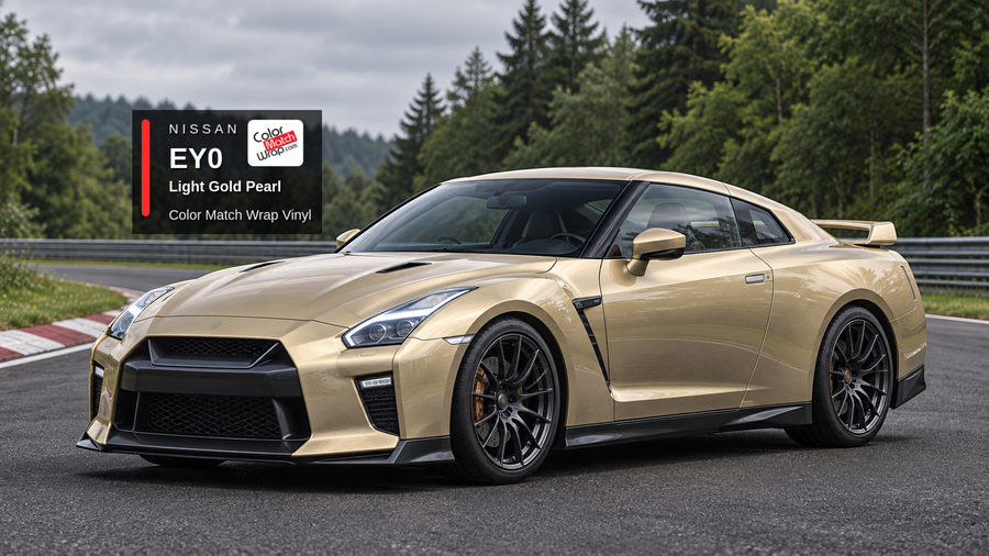 Illustrative GT-R-inspired coupe in Nissan EY0 Light Gold Pearl with Color Match Wrap branding