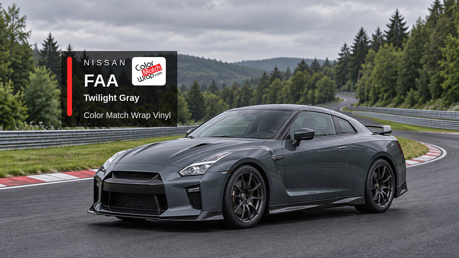Illustrative GT-R-inspired coupe in Nissan FAA Twilight Gray with Color Match Wrap branding