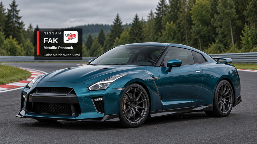Illustrative GT-R-inspired coupe in Nissan FAK Metallic Peacock with Color Match Wrap branding