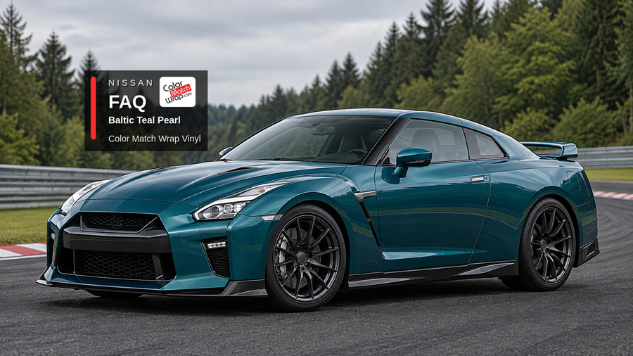 Illustrative GT-R-inspired coupe in Nissan FAQ Baltic Teal Pearl with Color Match Wrap branding