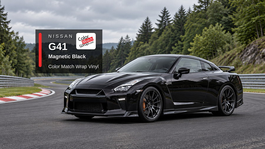 Illustrative GT-R-inspired coupe in Nissan G41 Magnetic Black with Color Match Wrap branding