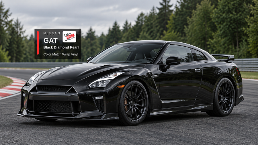 Illustrative GT-R-inspired coupe in Nissan GAT Black Diamond Pearl with Color Match Wrap branding