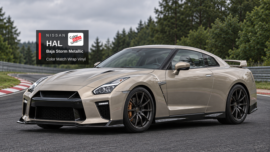 Illustrative GT-R-inspired coupe in Nissan HAL Baja Storm Metallic with Color Match Wrap branding